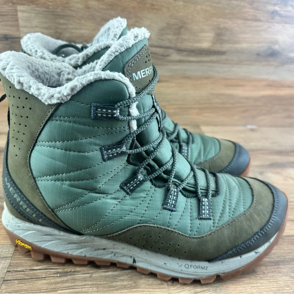 Merrell Olive Green Quilted Winter Boots with Faux Fur